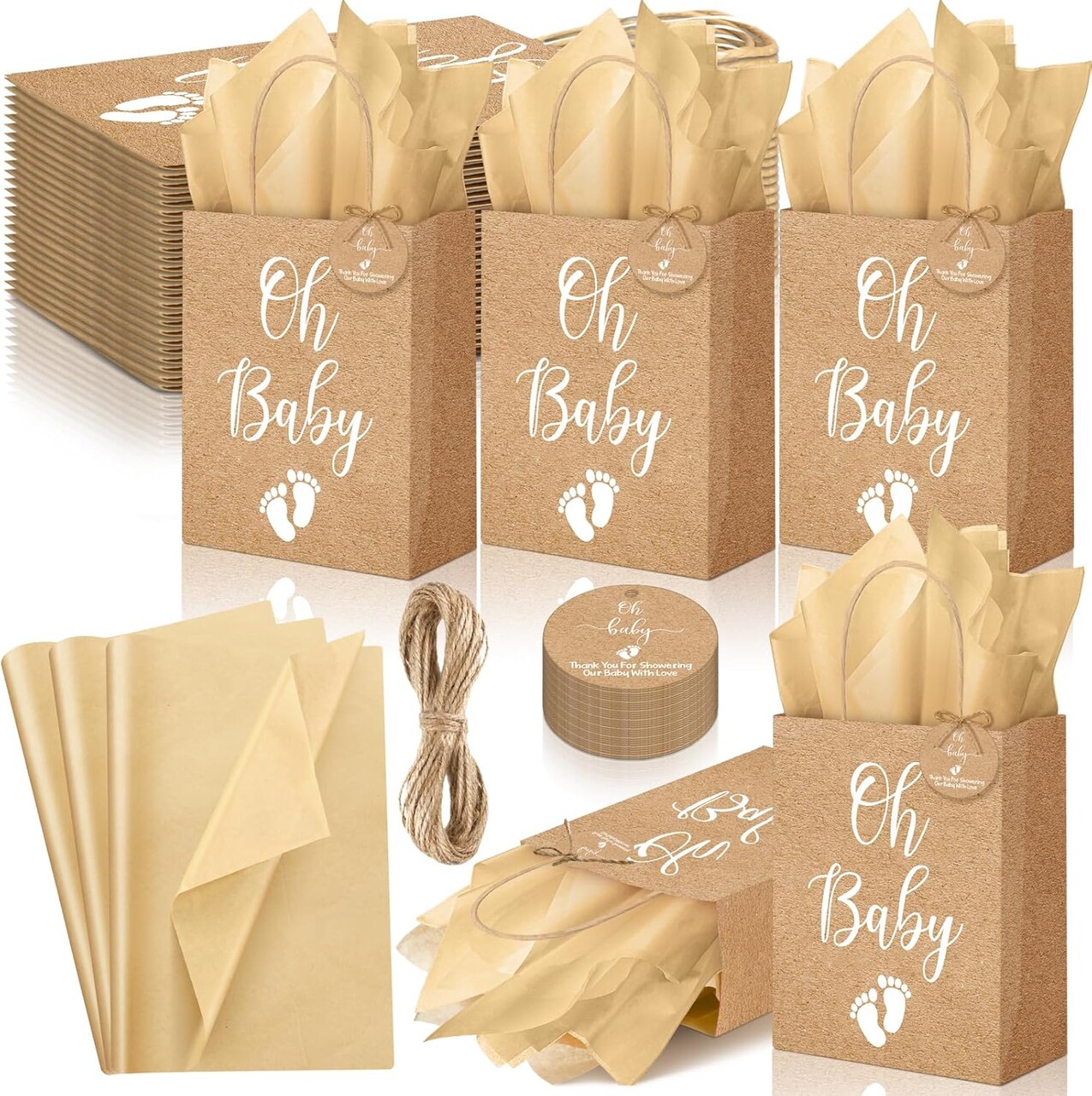 50 Pack Rustic Kraft Baby Shower Gifts Bag with Tissue Papers Baby Shower Paper Bags with Handle and 50 Tissue Tags Twine for Guests Gifts Gender Reveal Favors